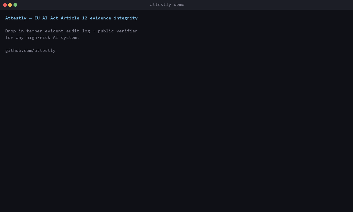 27-second screencast: Attestly demo running. Initialise a ledger, append 50 synthetic credit decisions, publish a signed checkpoint, export a regulator evidence bundle, verify it (PASS), then watch the operator tamper with the database — and the verifier catch it (FAIL TAMPERED, with hash mismatch reported).